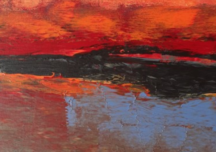 Abstrakter Sonnenuntergang mit einem See - roter oder orange Glitzer